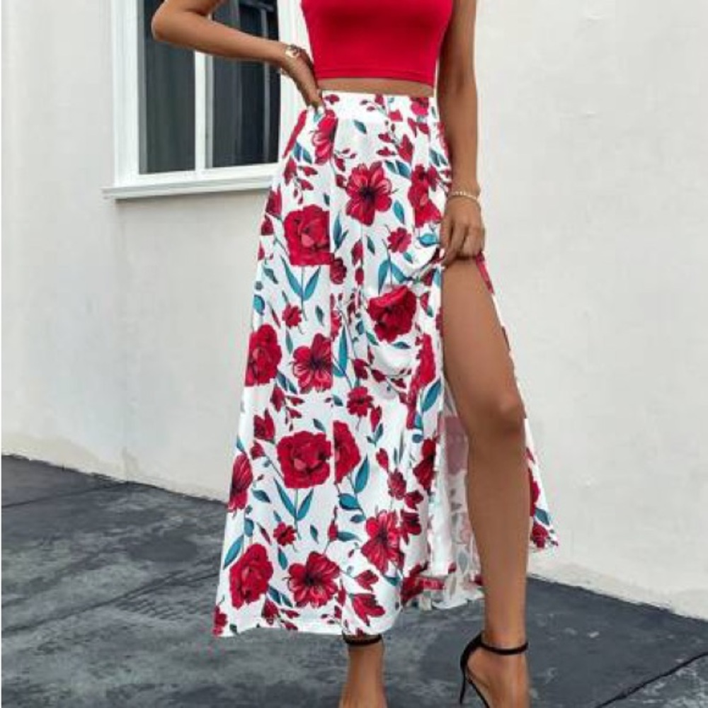 DH Gate Women’s Floral Print Split Long Maxi Skirt, Size 2X EUC